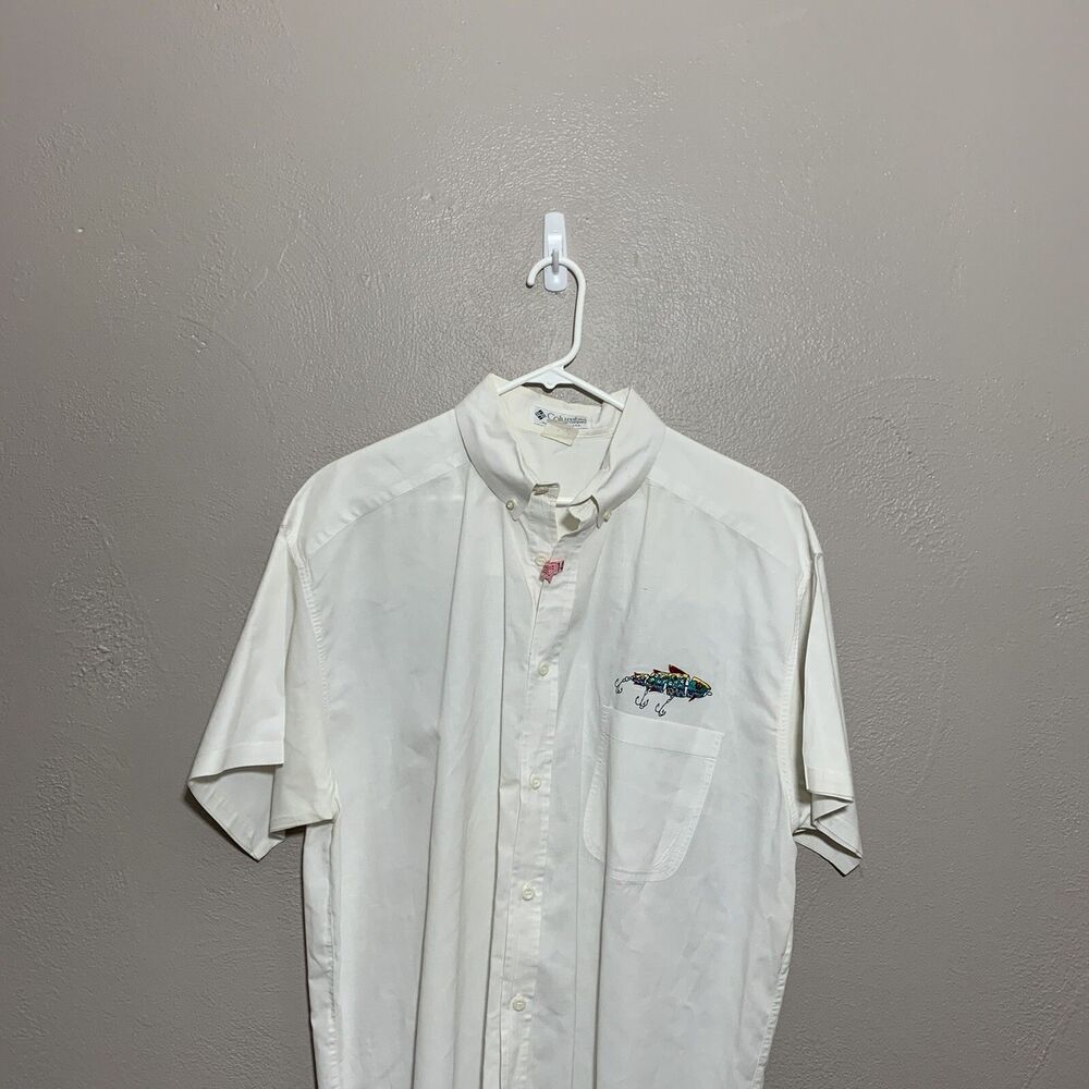 Vtg Columbia Fish Embroidered Shirt Button Front Short Sleeve Sz 2XL USA Lure - Picture 2 of 8